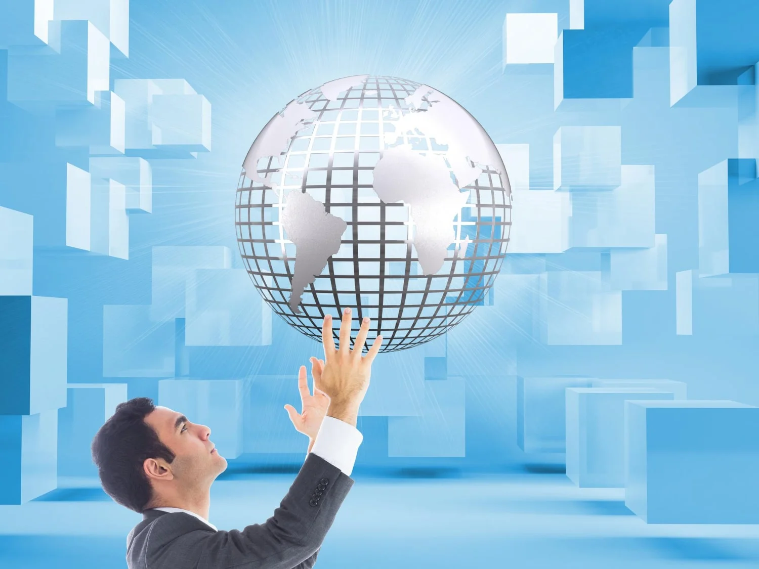 Photo composite image of unsmiling businessman with arms raised