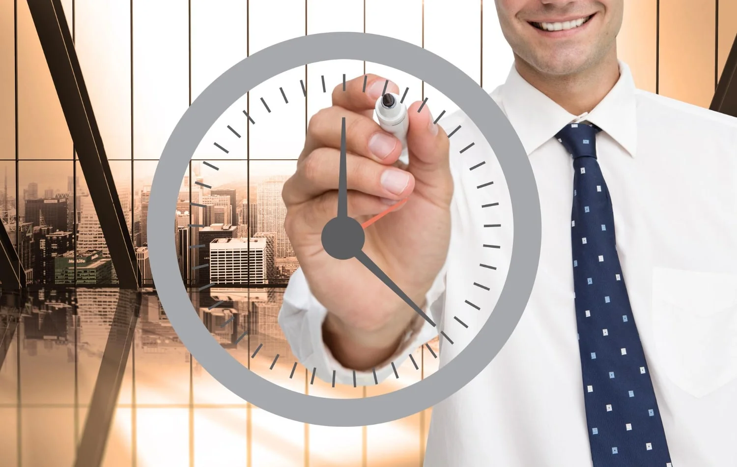 Photo composite image of business person drawing a black clock