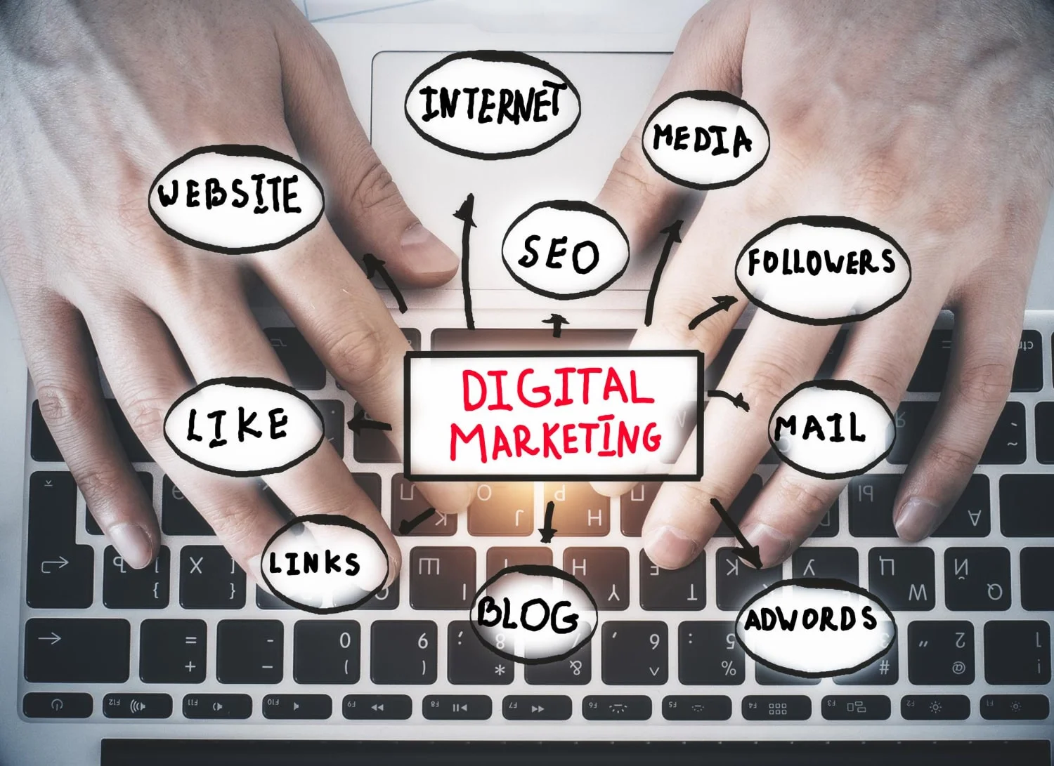 Image of a person using a laptop and looking at the camera, representing cutting through the noise with influencer marketing.