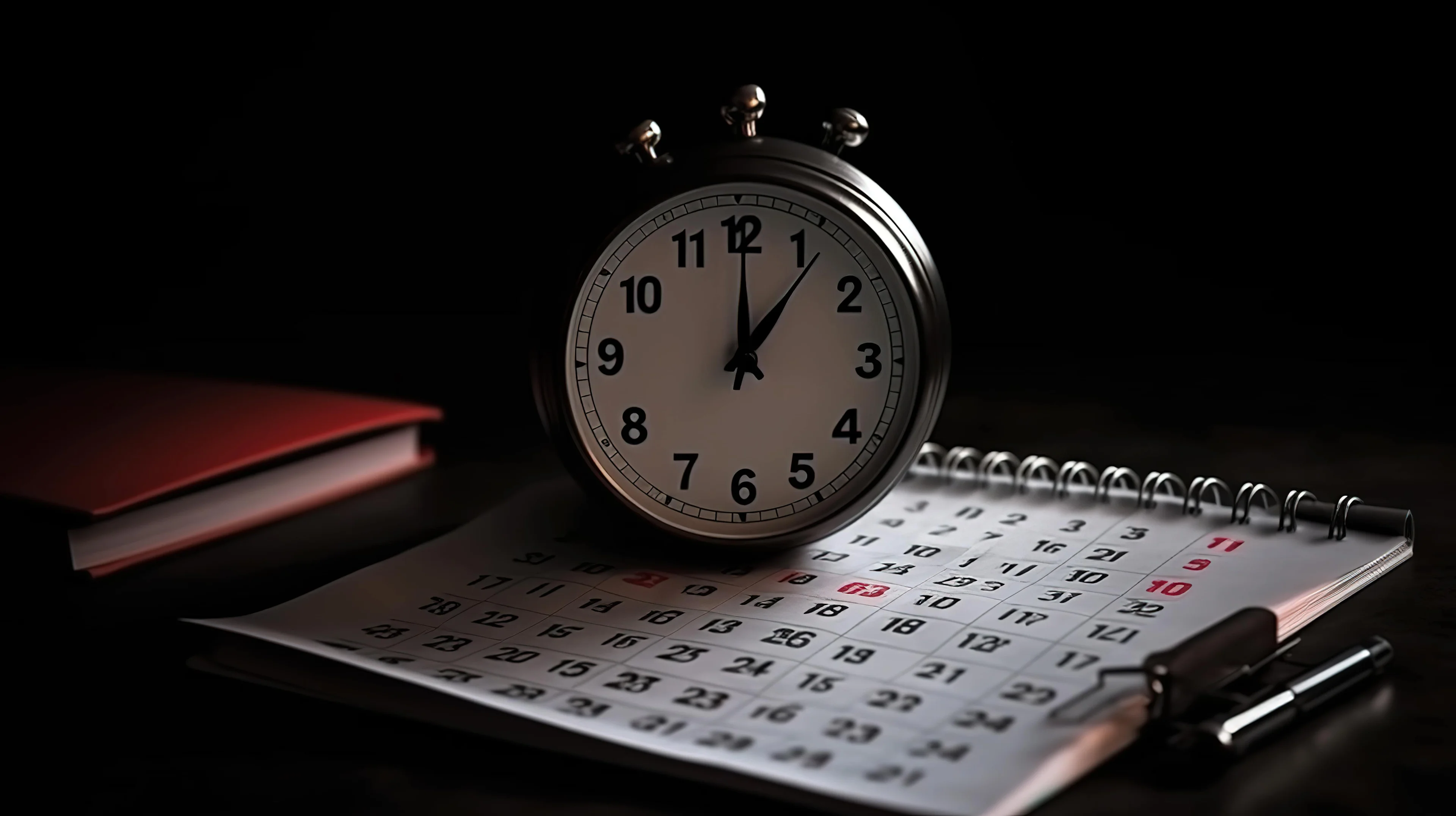 Close up of calendar and alarm clock on the black table background Generative Ai