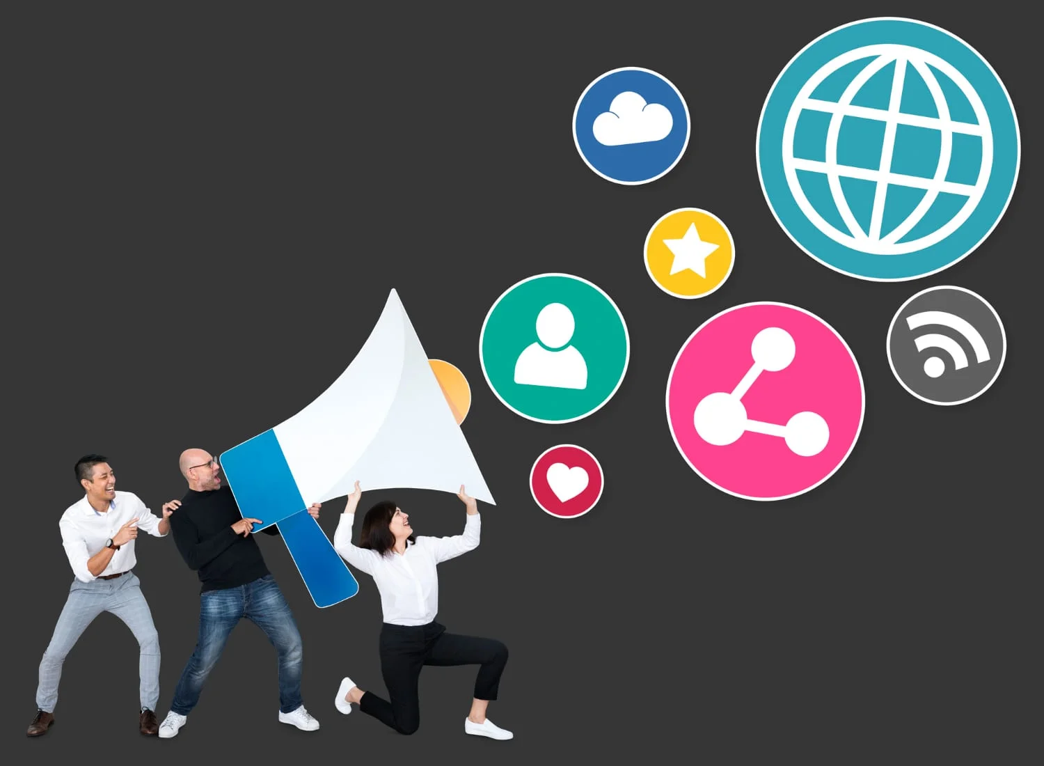 Free photo people with a megaphone and social media marketing icons