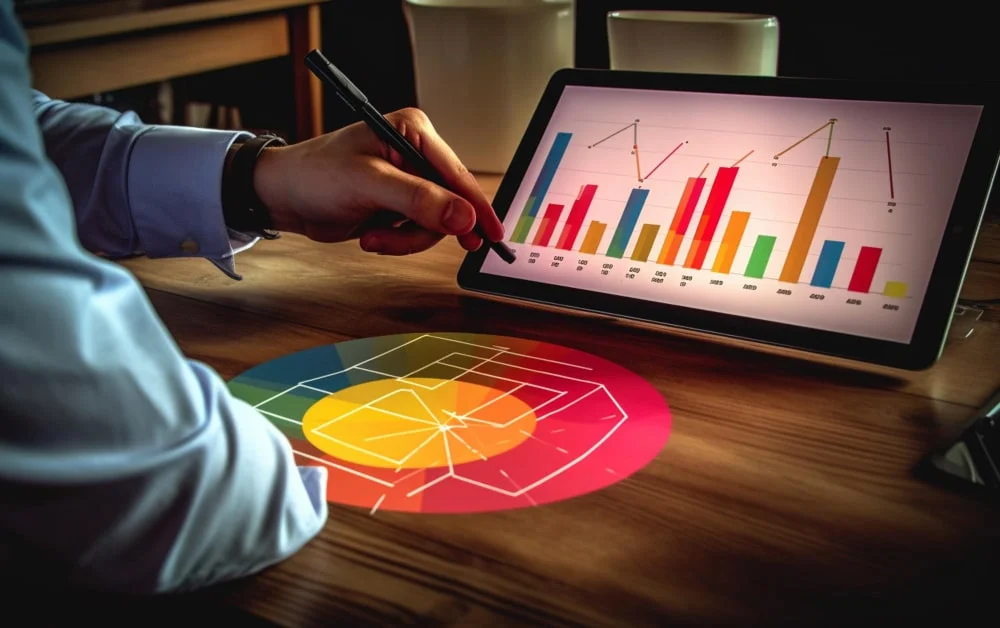 Someone is using a tablet computer to draw a graph on a paper generative ai