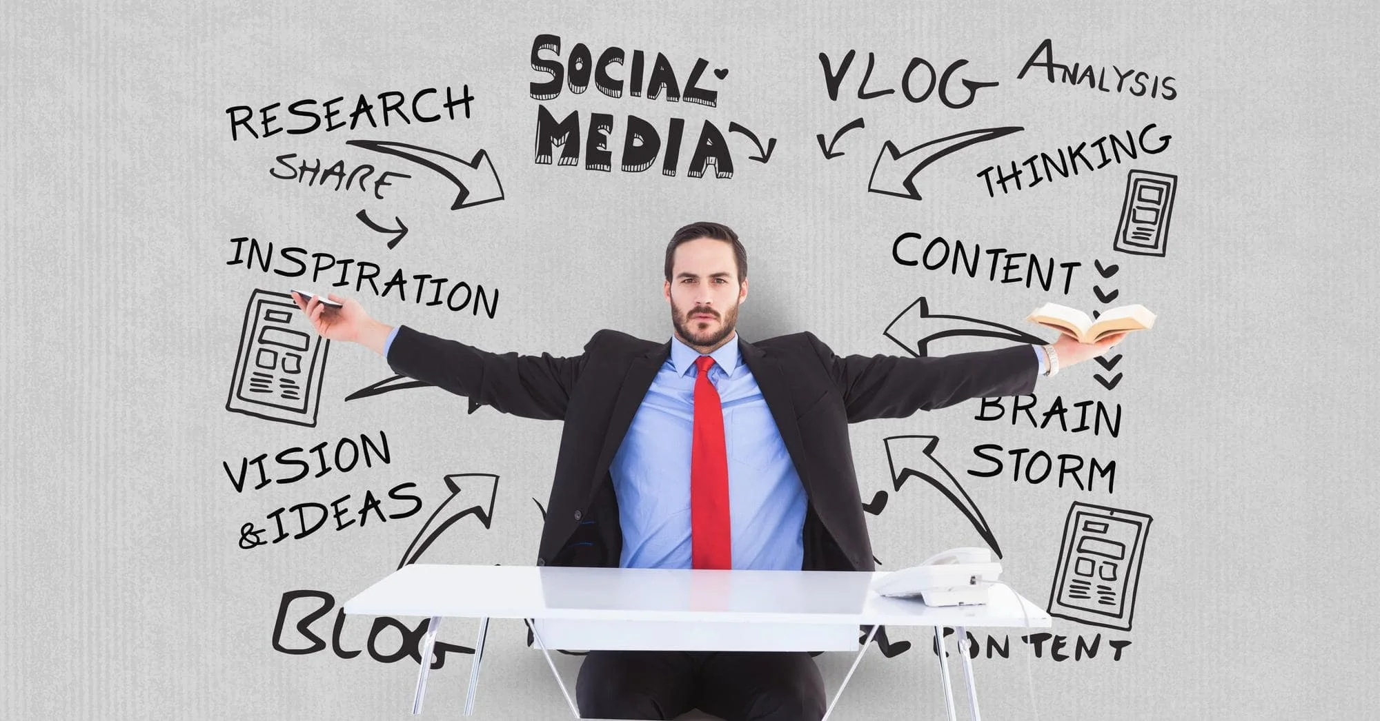 Master the Art of Social Media Advertising 2 Photo businessman with arms outstretched surrounded by icons and text