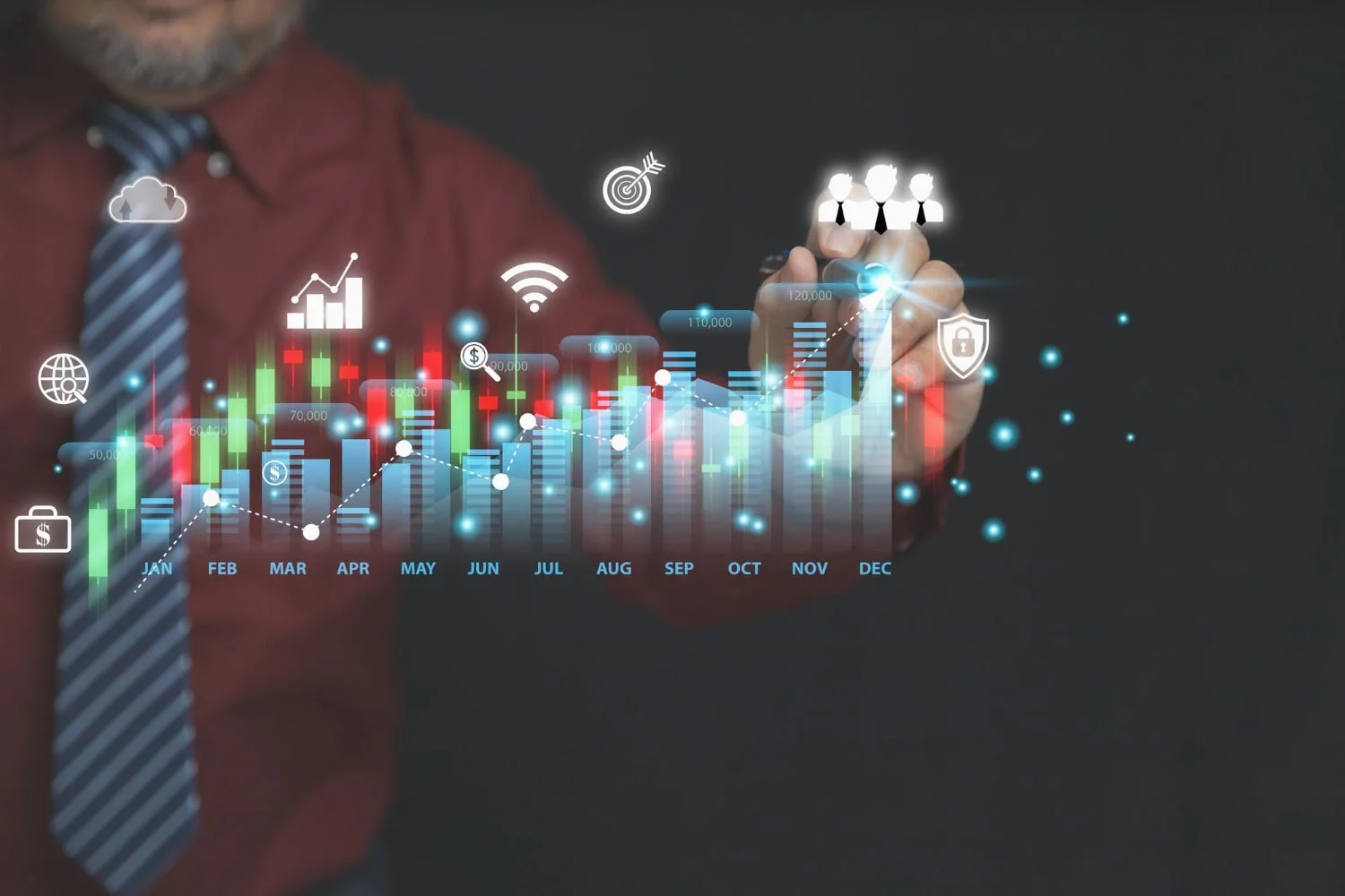 Photo businessman pointing virtual screen on business growth graph stock market strategy planning the stock market investment strategy planning investments of business for profit to the future