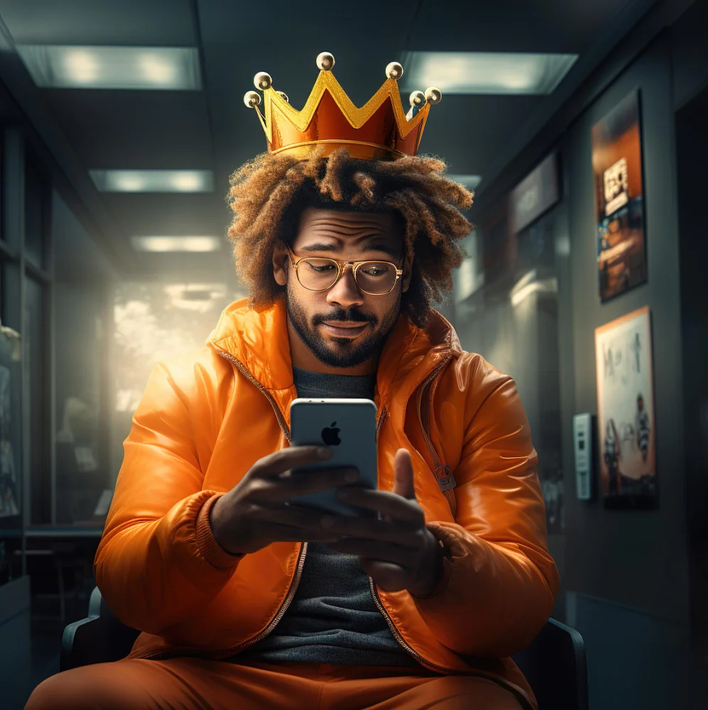 A man wearing a crown sits in a phone with a crown on his head.